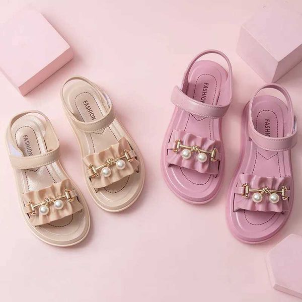 Sandals Summer Princess for Girls Cartoon Rabbit Outdoor Beach Shoes Fashion Pearl Kids Flat Soft Non-Slip H240504