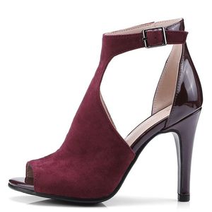 Sandalias verano rojo negro boda Spartiate Femme zapatos mujeres Peep Toe tamaño grande 43 fetiche Sexy tacones altos Sandalias