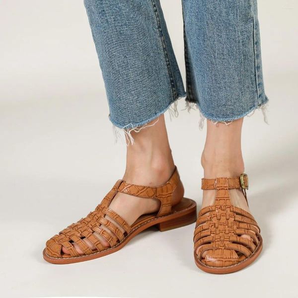 Sandalias Sandalias de verano Estilo romano Mujer Vintage Gladiador Hebilla T-Strap Zapatos de punta cerrada Retro Damas Piel de oveja Primavera