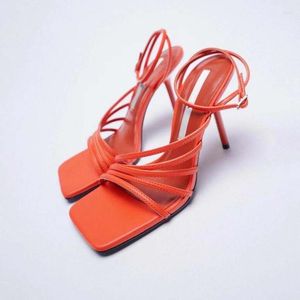 Sandales été Sandalen Dames 2022 corail rouge fine sangle talon haut cheville Sandalias De Mujer chaussures