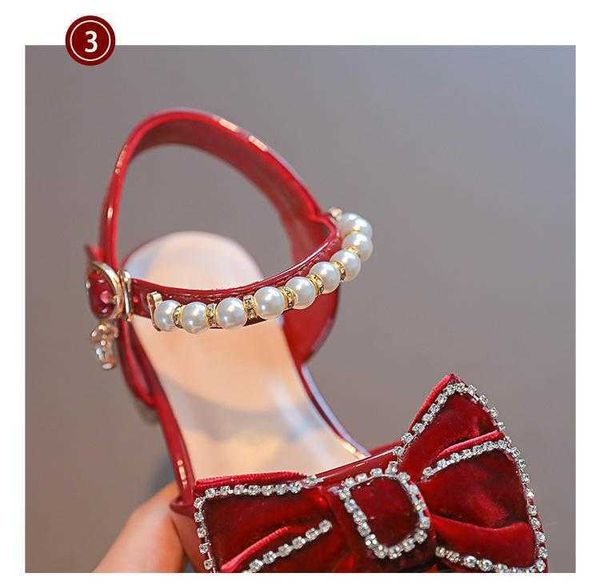 Sandalias Sandalias de verano con lazo de diamantes de imitación y perlas, zapatos de princesa a la moda, nuevos zapatos para niñas, sandalias antideslizantes para niños, zapatos negros y rojos