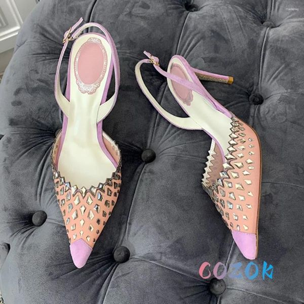 Sandales d'été sexy en maille rose brillant losange cristal talons hauts en cuir véritable bout pointu chaussures de mariage pour femmes