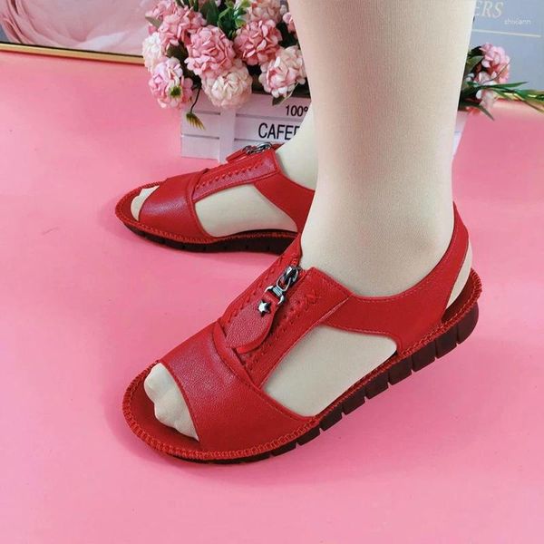 Sandalias Zapatos de verano para mujeres Pu Cuero Confort Madre Cremallera Plana Color Sólido Tallas grandes Sandalias de Mujer