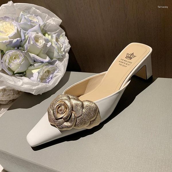 Sandales d'été chaussures femme bout carré 5.5 CM talon fleurs élégant fête doux en peau de mouton pantoufles printemps Mules mariage