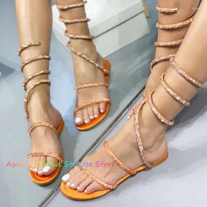 Sandales d'été en forme de serpent enroulé orange strass cristal bout ouvert scintillant bride à la cheville chaussures plates pour femmes