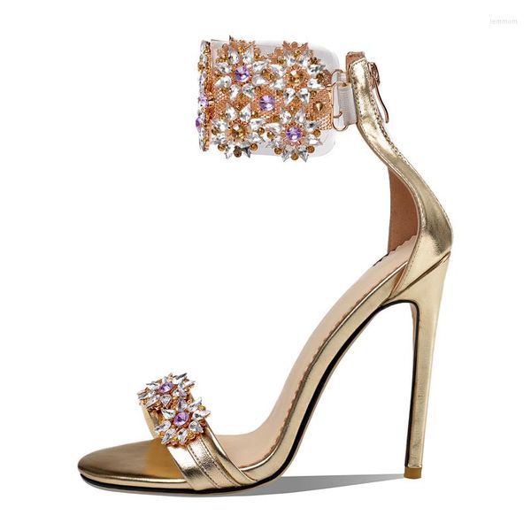 Sandalias de tacón de aguja de verano, zapatos de fiesta elegantes sexis a la moda con cristales dorados y cremallera de diamantes de imitación para mujer, talla grande 45