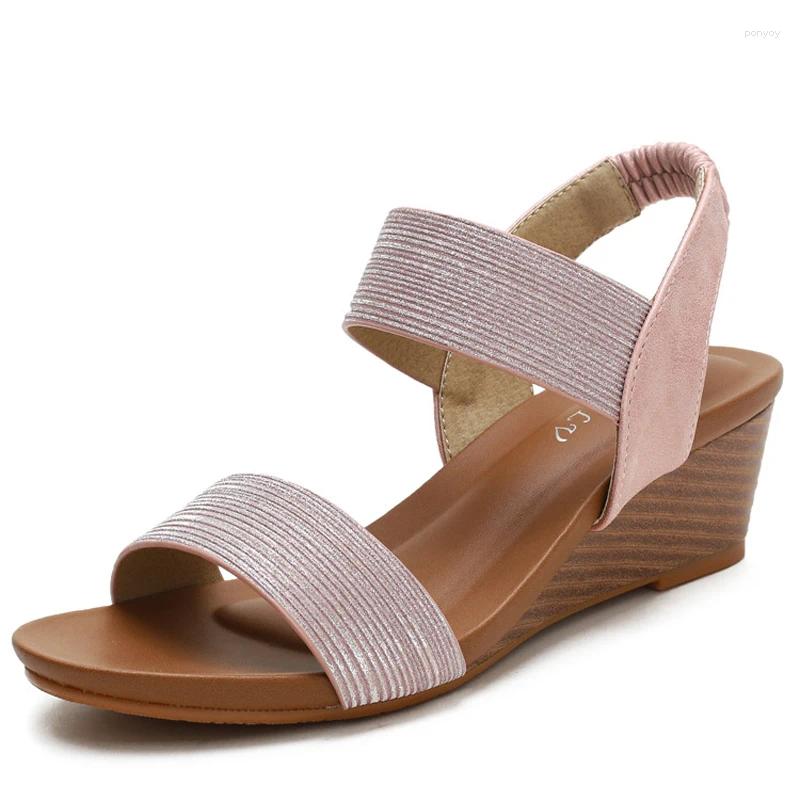 Sandálias Verão Listrado PU Cunhas de Couro para Mulheres Meninas Elastic Band Back Strap Side Hollow Sapatos Redondo Toe Roma Plus Size 42