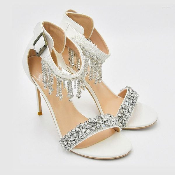 Sandales été gland strass un mot blanc PU mince talons hauts robe de Banquet polyvalent grande mode chaussures pour femmes