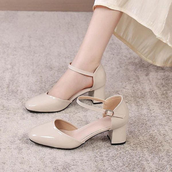 Sandales d'été Vintage en cuir verni à talons épais pour femmes, pantoufles de marque de mode conçues pour robe de soirée coréenne, diapositives