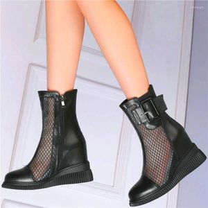 Sandals zomer dames echte lederen ronde teen enkellaarzen verborgen wig hiel oxfords feestpompen militaire motorfiets laars