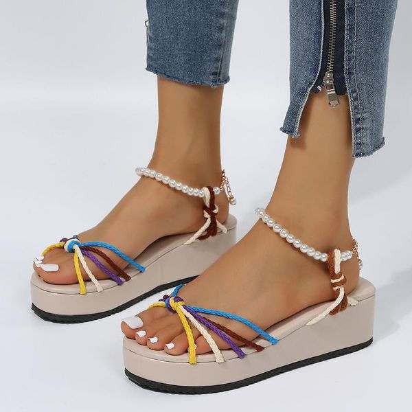 Sandalias de verano con plataforma para mujer, zapatos planos de cuero para mujer, de talla grande, para playa, arena, vacaciones, Zapatos, Zapatillas