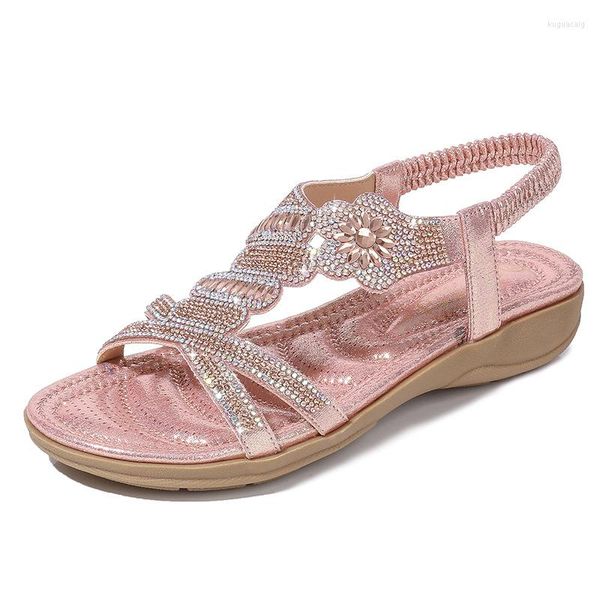 Sandalias Zapatos de mujer de verano 2023 Moda Bohemia Rhinestones Mujeres Casual Cuñas planas Sandalias de playa de Mujer