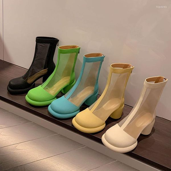 Sandales été femmes bottes plate-forme chaussures en cuir maille respirant haut haut chaussettes transparentes 2023 pour