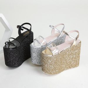 Sandales d'été pour femmes, mode concise, Sexy, classiques ethniques, sangle à boucle scintillante, gâteau éponge CM, chaussures de fête à bout rond