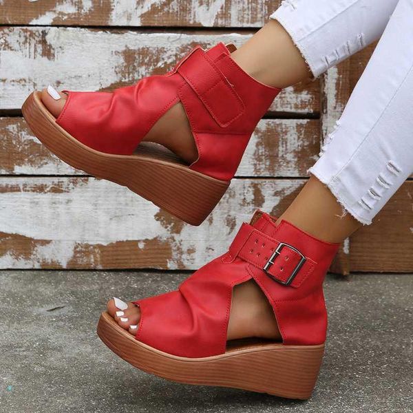 Sandalias de verano para mujer, moda Retro, plataforma peep toe, zapatos de cuero PU con cremallera y parte inferior gruesa, sandalias para mujer