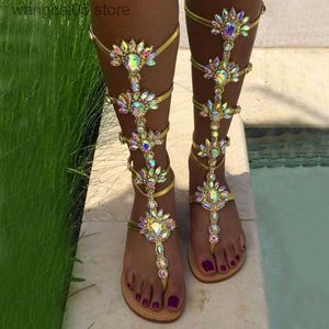 Sandales D'été Femmes Appartements Bottes Tongs Sandales Gladiateur Or Strass Genou Haute Sangle Jambe Mince Cristaux Plage Super Belles Chaussures T230619