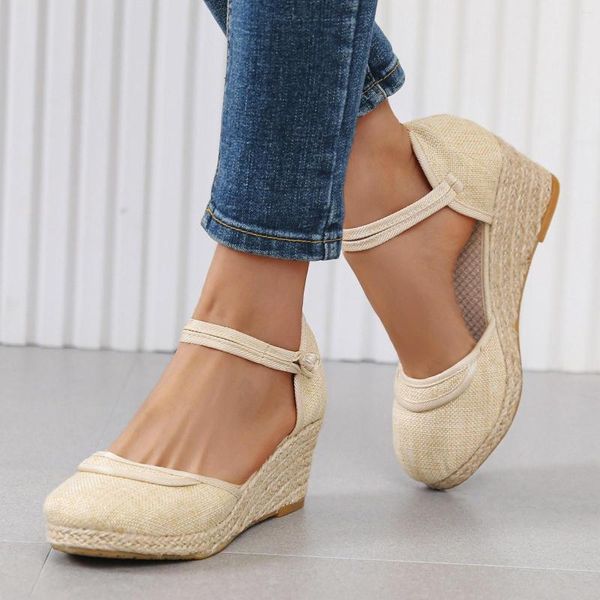 Sandalen Zomer Vrouwen Linnen Effen Platform Wedge Gevlochten Gesp Ademend Boheemse Dames Outdoor Schoenen