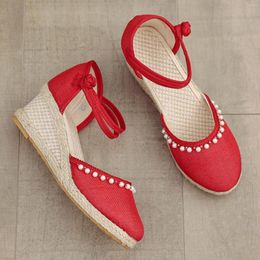 Sandalen Zomer Women Linen Plain Wedge Boheemse handgemaakte dames Casual comfortabele Espadrilles Platform Pumps schoenen met parels