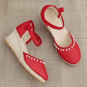 Sandalias Summer Mujeres Lino Plain Bohemio Handmian Ladies Casual Comunional Amplilles Plataforma Pombas zapatos con perlas