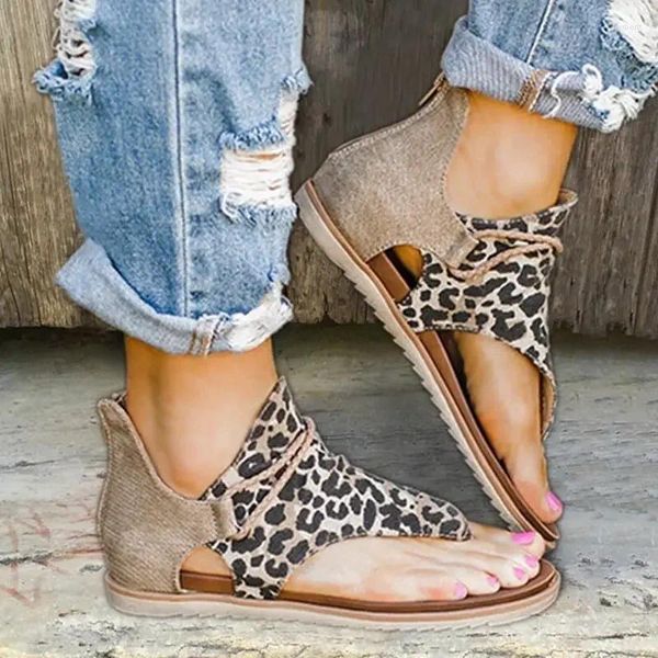 Sandalias de verano para mujer, zapatos de playa con punta abierta, chanclas de leopardo Retro, cómodos zapatos romanos de suela suave para sandalia plana informal