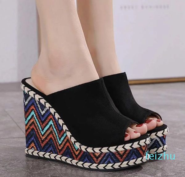 Sandalias Verano Mujer Bombas Plataforma Sip-On Flock Cuñas Tacón Étnico Casual Estilo japonés Zapatillas Albaricoque