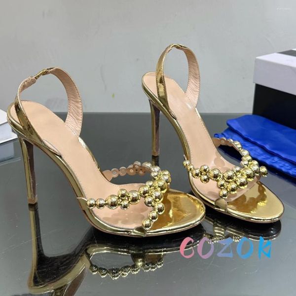 Sandales SAMPE SUMME GOLD Metal Ball Chain Back Back Strap Tallettos Chaussures de mariage de grande taille Robe sexy à talons hauts