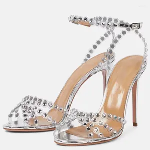 Sandales d'été à talons hauts pour femmes, élégantes, talons hauts, gelée diamant, bout rond, argent