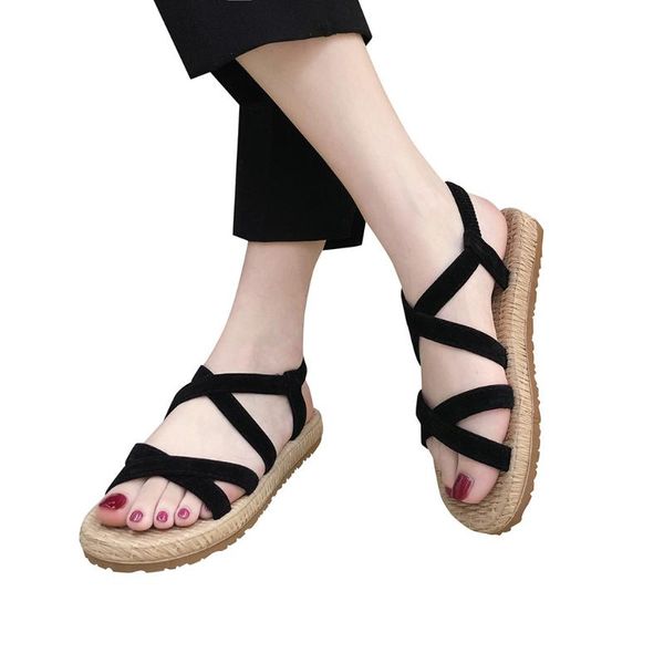 Sandalias, zapatos de verano para mujer, correas cruzadas, planas para la playa, con elástico hueco, Roma, punta redonda para mujer, 2023