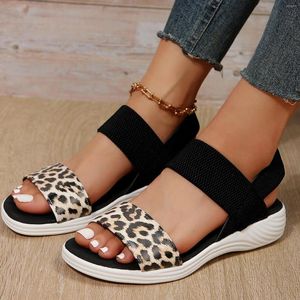 Sandalias de verano para Mujer, zapatos de cuero con estampado de leopardo, Punta abierta abierta, plataforma elástica, Sandalias planas deportivas para Mujer, cuña