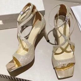 Sandalen Zomer Vrouwen Vierkante Teen Hoge Hak Runway Designer Enkelbandje Sexy Dunne Bling Kristal Vrouwelijke Feestjurk