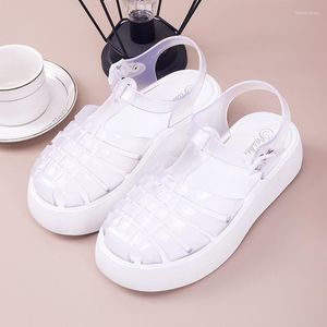 Sandalias Verano Mujer Transparente PVC Banda Estrecha Jelly Casual Travel Beach Zapatos Moda Plataforma Tacones Planos