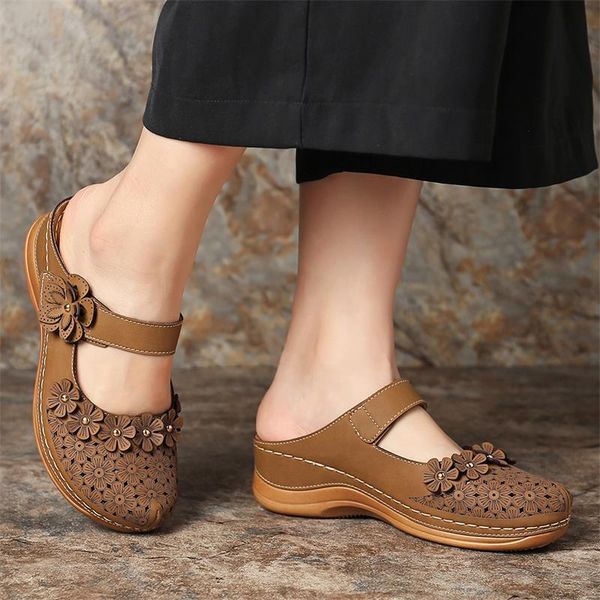 Sandales été femmes compensées fleur Vintage bout fermé réglable crochet boucle paresseux creux plate-forme chaussures Mujer Sandalias