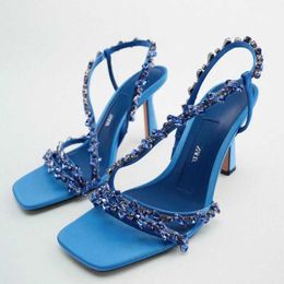 Sandali Scarpe da donna estive Sandali Tacchi alti con perline verdi blu Tacco con pietre preziose di lusso 230417