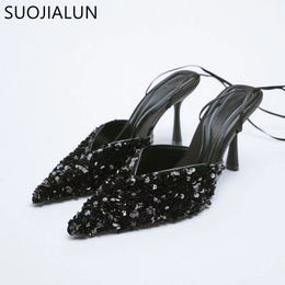 Сандалии SUOJIALUN, 2022, женские туфли-лодочки с острым носком, модные блестящие женские модельные сандалии на мелкой щиколотке со шнуровкой, туфли на тонком высоком каблуке 230224