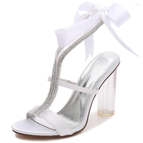 Sandales Sweet Clear High Block Talons Lady Satin Robe Robinage Crystal Ribbon Tie à la cheville Sangle Sexy Woman Party Show Chaussures 10cm