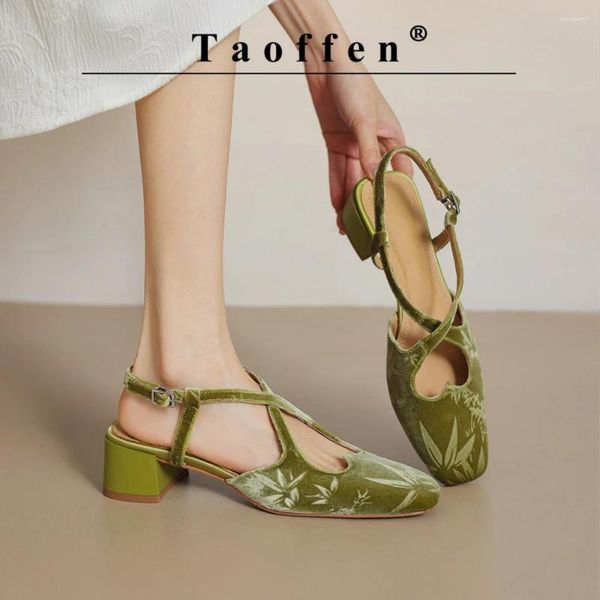 Sandales Taoffen Chinese Style Imprimé pour femmes Summer Toe Toe Backle Straps Pumps Sweet Ladies Casual Coss Cross-Tied Viry chaussures