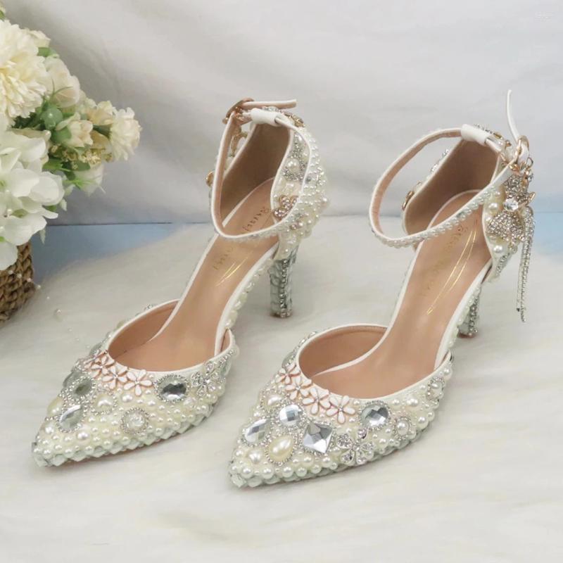 Sandálias Tassel Crystal Womens Sapatos de Casamento Salto Fino Vestido de Festa Moda Mulher Alta Bombas Marfim Pérola Ankle Strap