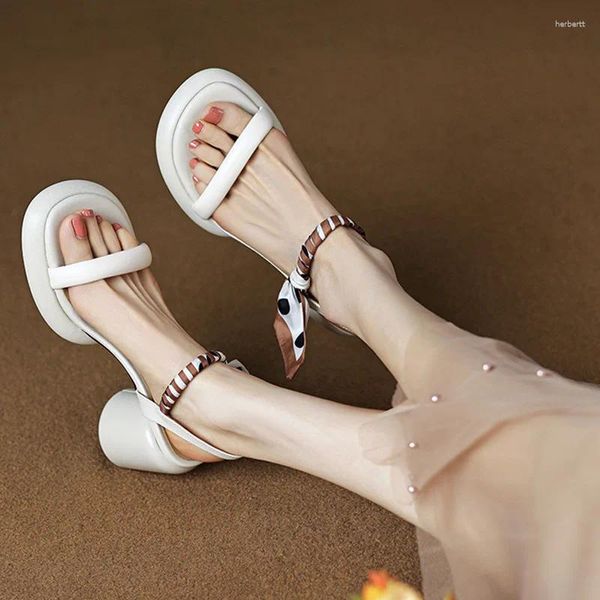 Sandalias Tacón Grueso Superficie Suave Fondo De Cuero Punta Abierta Cinta Plataforma Impermeable Simple Con Falda Zapatos De Hadas Pequeños