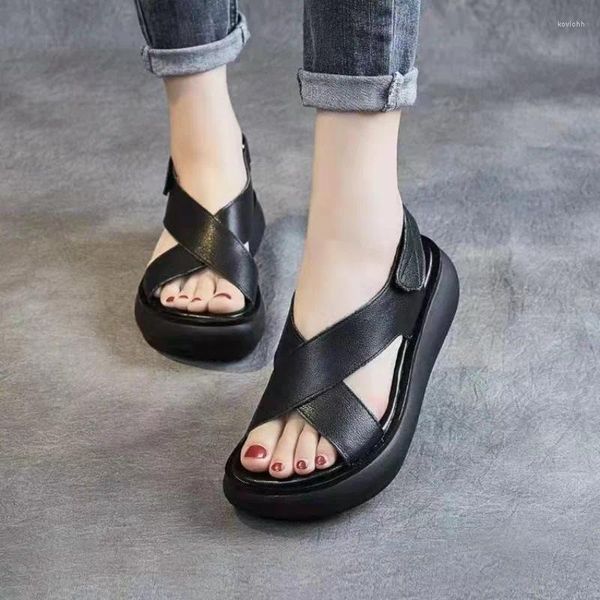 Sandalias suela gruesa para mujer 2024 verano punta abierta zapato único zapatos de boca de pescado zapatos de cuero suave esponja elevada