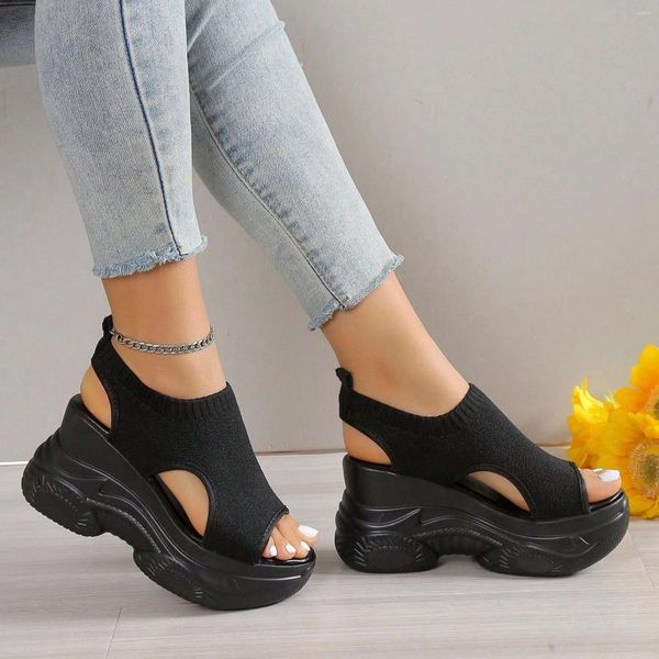 Sandalias Suela gruesa para mujer Malla de verano Transpirable Peep Toe Tacón inclinado Talla grande Sólido Deportes Tejer Calzado plano