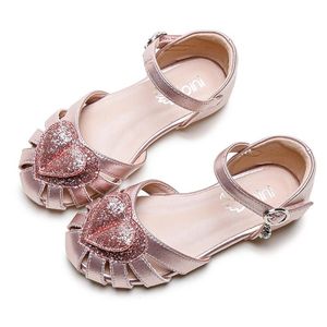 Sandalias para niñas pequeñas, brillantes, de verano, con forma de calor, con purpurina, zapatos planos con punta, fiesta de princesa, flor rosa