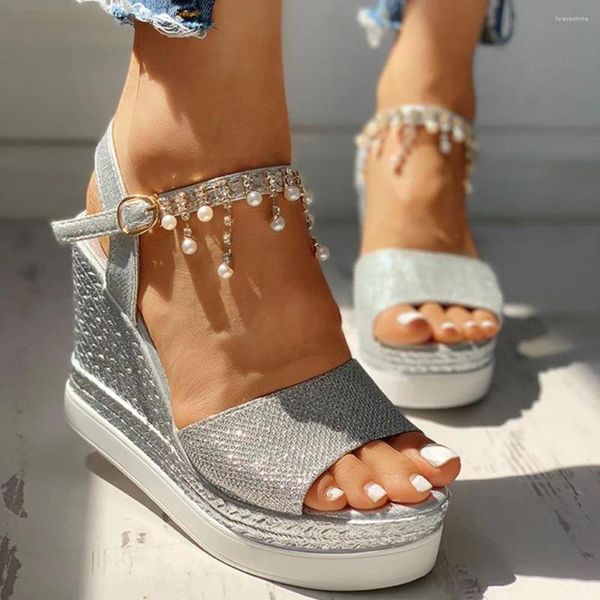 Sandalias Tops Mujeres Señoras Plataformas De Cuña Verano Cuero Boca De Pescado Cristal Perla Tacones Altos Zapatos De Boda Con Estilo