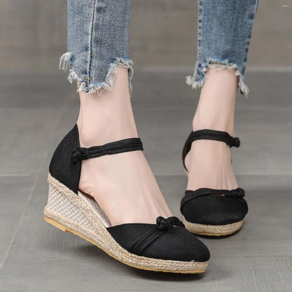 Sandals Tops Summer de mujeres 2024 Cuñas de tejido Banda elástica transpirable Toe Beach Zapatos Femenino al aire libre