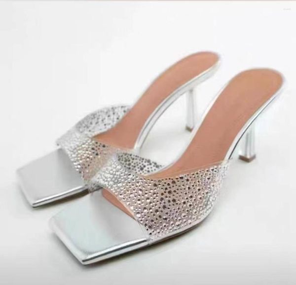 Sandalias TRAF 2023 con diamantes de imitación para mujer, zapatillas de tacón de aguja con punta cuadrada plateada alta, zapatos de fiesta negros con tacones ostentosos para mujer