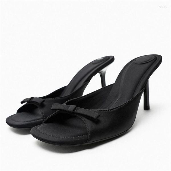 Sandalias TRAF 2023 Mujer Negro Lazo Mulas de tacón Casual Punta cuadrada Stiletto Tacón alto Vintage Slingbacks Bombas cómodas Mujeres