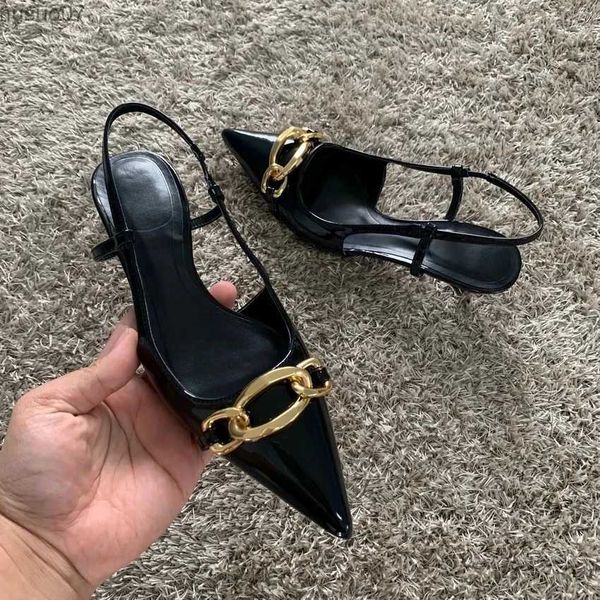 Sandales TRAF 2023 femmes talons noirs pompes élégant bout pointu sandales Slingbacks Sexy luxe Stiletto chaîne en métal femme chaussure talons hauts L2402