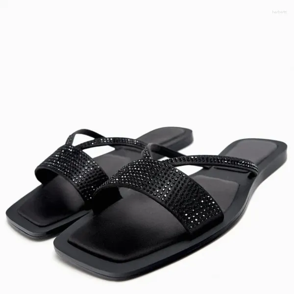 Sandalias TRAF 2024 Zapatillas negras Mujer Pisos de verano Moda Punta abierta Elegante Cuadrado Plano Cómodo Casual Playa Diapositivas