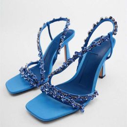 Sandales TRAF bleu perlé sangle talon haut sandale femme 2022 été Sexy diamant pompe luxe mariage talons femme talon Slingback sandales G230211