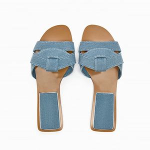 Sandalen TRAF Blue Flat Denim Slider Sandalen für Frauen Sommer Round Toe Beach Slippers Female Outdoor Slip-on Flats Sandalen 230419