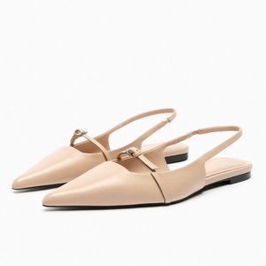 Sandalias TRAF Slingbacks de cuero plano puntiagudo para mujeres Verano Negro Ballet S Femenino Casual S Elegante Fiesta 230404